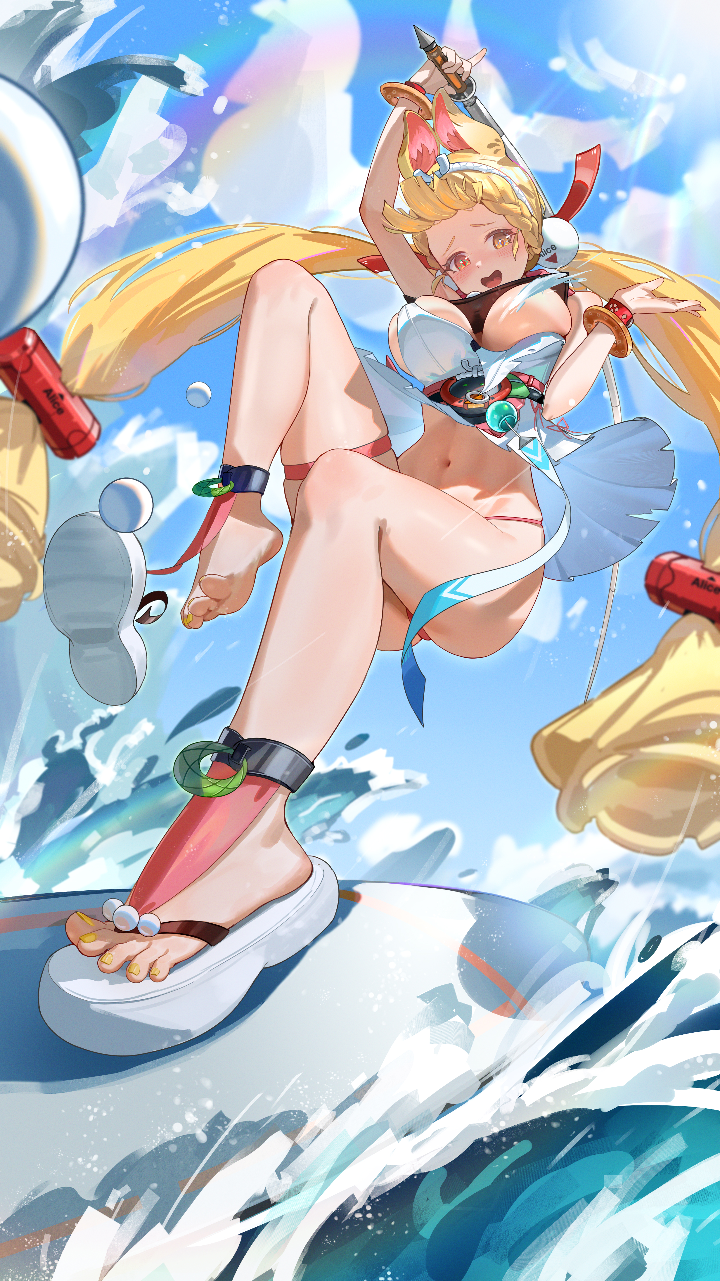 migiuth0618, alice thymefield, alice thymefield (sea of thyme), zenless zone zero, absurdres, highres, 1girl, animal ears, blonde hair, blue sky, breasts, cloud, convenient censoring, heterochromia, holding, holding sword, holding weapon, large breasts, long hair, looking at viewer, nail polish, navel, official alternate costume, one-piece swimsuit, open mouth, outdoors, rabbit ears, rabbit girl, red eyes, sandals, sky, solo, surfboard, swimsuit, sword, toenail polish, toenails, very long hair, water, water censor, weapon, white one-piece swimsuit, white sandals, yellow eyes, yellow nails