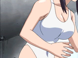 asagiri junko, sunabouzu, animated, animated gif, anime screenshot, lowres, non-web source, 1girl, angry, bare shoulders, blue eyes, bouncing breasts, breasts, cleavage, clenched hand, clenched teeth, close-up, collarbone, female focus, fighting stance, grabbing another's breast, groping, large breasts, leotard, long hair, motion blur, ponytail, purple hair, solo, sparkle, standing, teeth