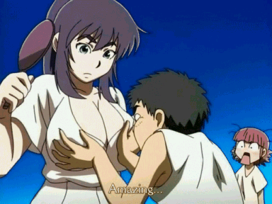 asagiri junko, koizumi taiko, kosuna, mizuno kanta, sunabouzu, animated, animated gif, anime screenshot, lowres, non-web source, 1boy, 2girls, :o, age difference, black hair, blunt bangs, blush, breast envy, breasts, breasts apart, cleavage, cloud, day, frown, grabbing another's breast, groping, hand mirror, huge breasts, long hair, looking at breasts, massage, mirror, multiple girls, outdoors, ponytail, purple hair, shirt, short hair, sky, subtitled, surprised, surprised arms, t-shirt, upper body