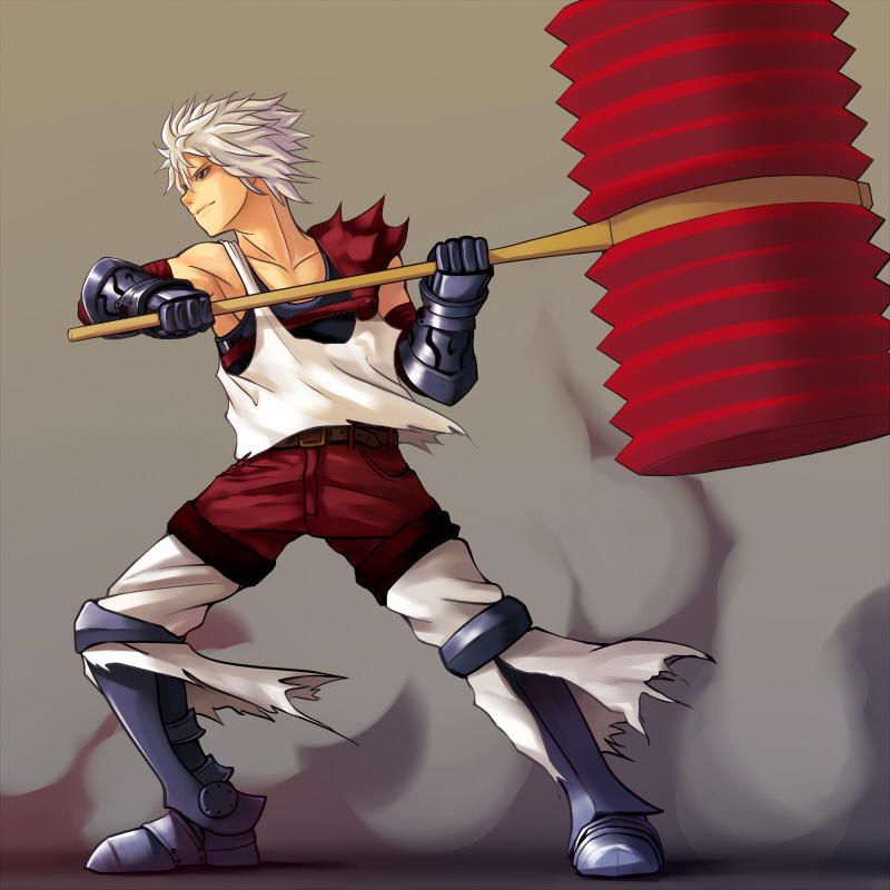 shikaku, original, 1boy, armor, full body, gradient background, hammer, male focus, solo, toy hammer