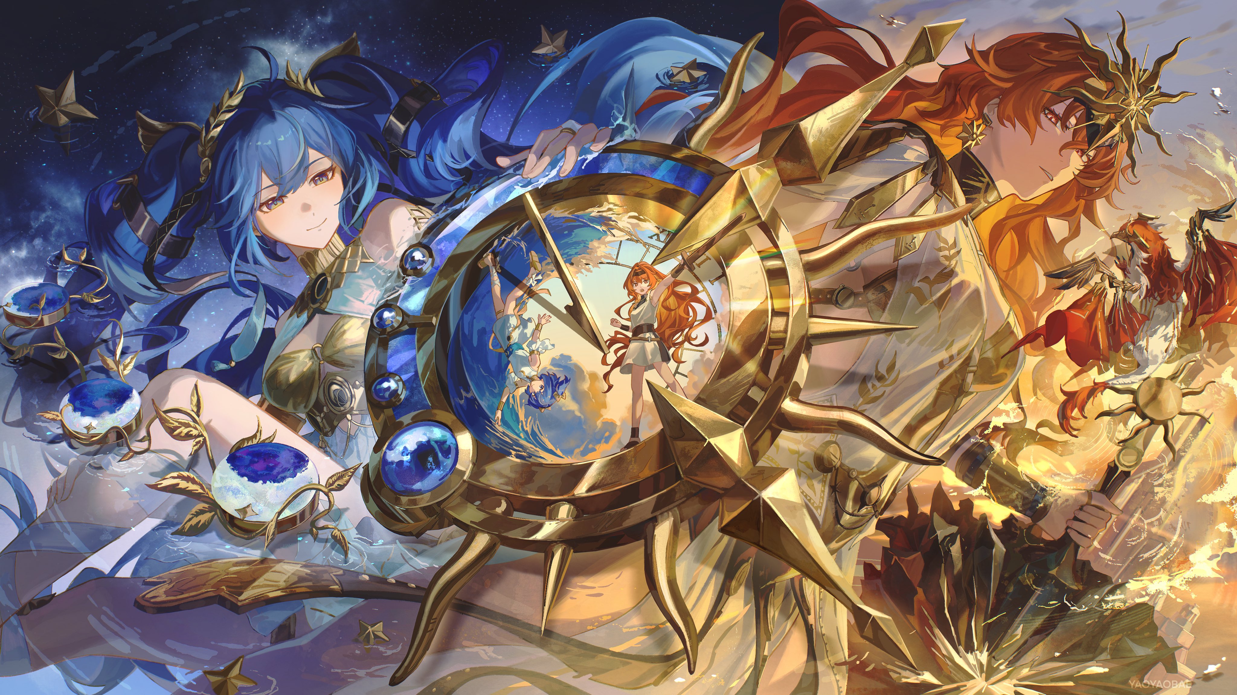 yaoyaobae, augusta (wuthering waves), iuno (wuthering waves), wuthering waves, absurdres, commentary, english commentary, highres, 2girls, age comparison, ahoge, ancient greek clothes, arm armor, armor, bare shoulders, blue eyes, blue hair, breastplate, breasts, closed mouth, dress, dual persona, earrings, gold bra, greco-roman clothes, head wreath, headgear, holding, holding sword, holding weapon, jewelry, long hair, looking at another, looking at viewer, looking down, medium breasts, multiple girls, orange hair, red eyes, smile, split theme, sun earrings, sword, tacet discord (wuthering waves), time paradox, weapon, white dress
