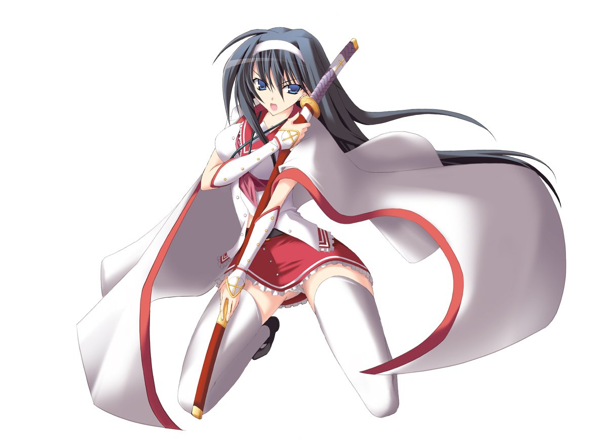 miyane aki (radical dash), kyoudou senna, daibanchou, cape, hairband, sword, thighhighs, weapon, zettai ryouiki