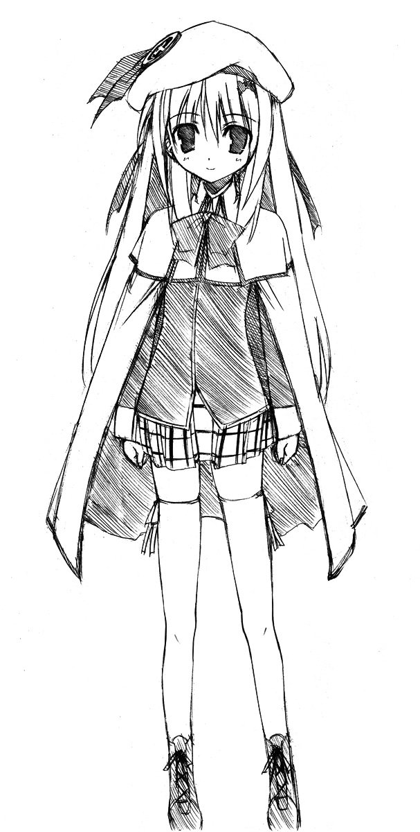 miyane aki (radical dash), noumi kudryavka, little busters!, bad id, bad pixiv id, highres, beret, buttons, cape, greyscale, hat, large buttons, monochrome, plaid clothes, plaid skirt, sketch, skirt, solo, thighhighs, zettai ryouiki