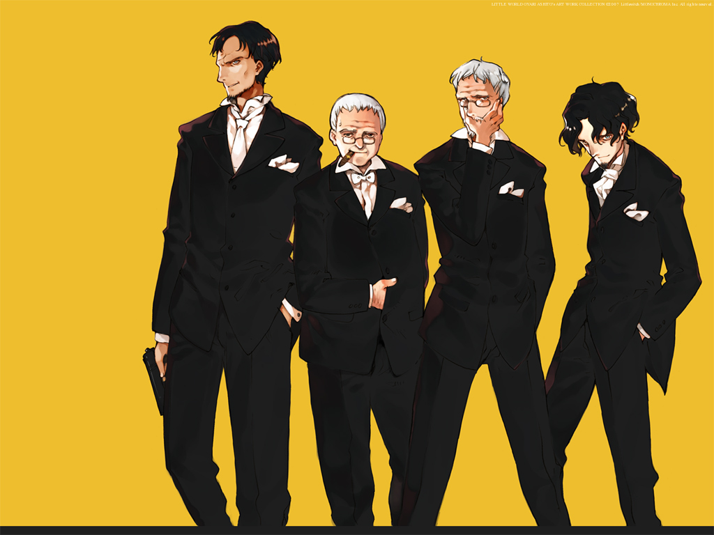 ooyari ashito, white neckwear, copyright request, 4boys, assassins, black suit, bow, bowtie, brown hair, cigar, collared shirt, formal clothes, gang, glasses, gun, handgun, male focus, mob, mobsters, multiple boys, necktie, pistol, shirt, simple background, spy, suit, weapon, white hair, white shirt, yellow background