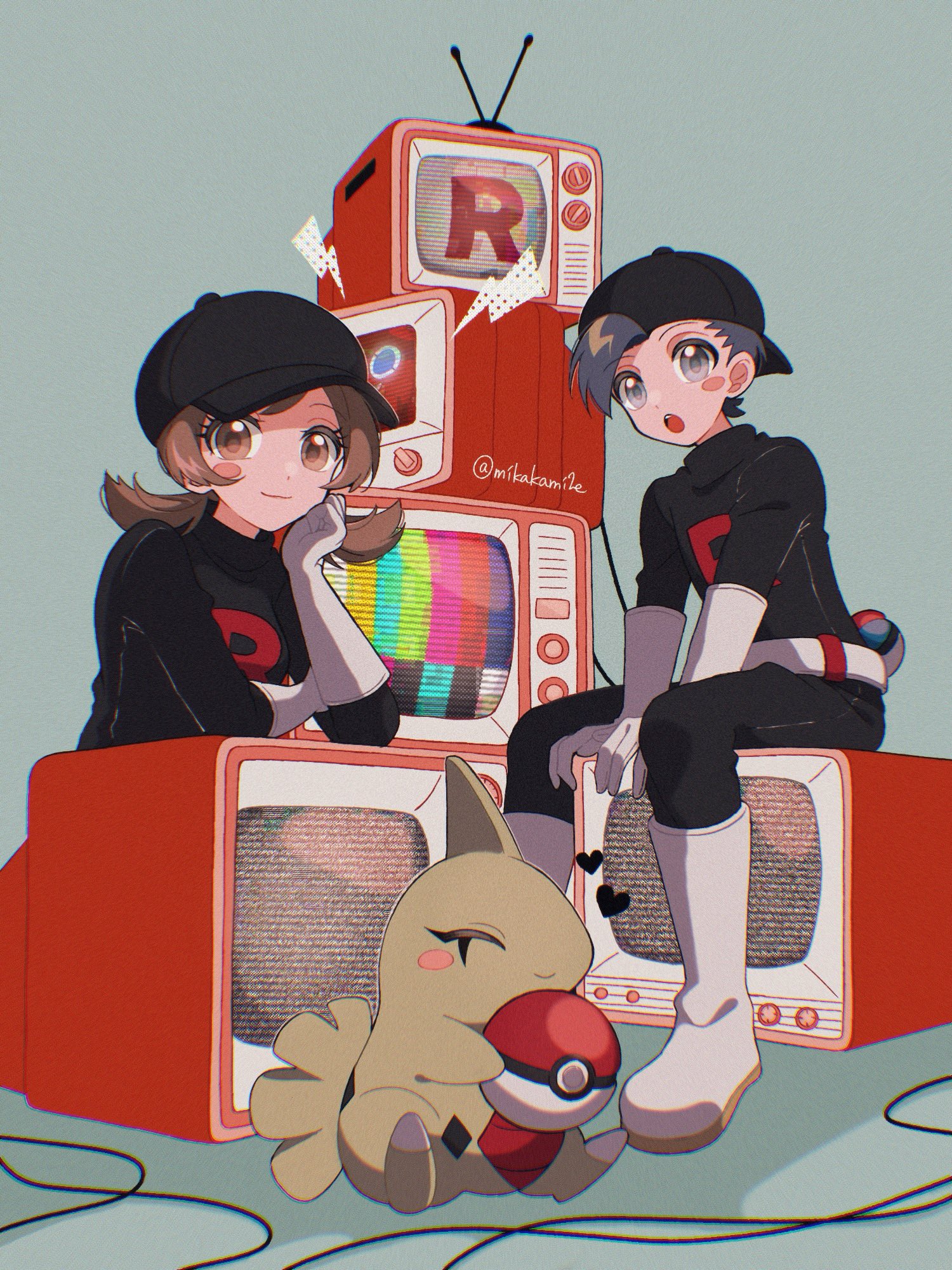 mikakami1e, ethan (pokemon), larvitar, lyra (pokemon), team rocket grunt, nintendo, pokemon, pokemon hgss, highres, 1boy, 1girl, backwards hat, belt, black hair, black pants, black shirt, boots, brown eyes, brown hair, closed eyes, closed mouth, cosplay, crt, gen 2 pokemon, gloves, great ball, hat, holding, holding poke ball, long hair, long sleeves, open mouth, pants, poke ball, poke ball (basic), pokemon (creature), shirt, short hair, sitting, smile, team rocket, team rocket grunt (cosplay), team rocket uniform, television, twintails, upper body, white boots, white gloves