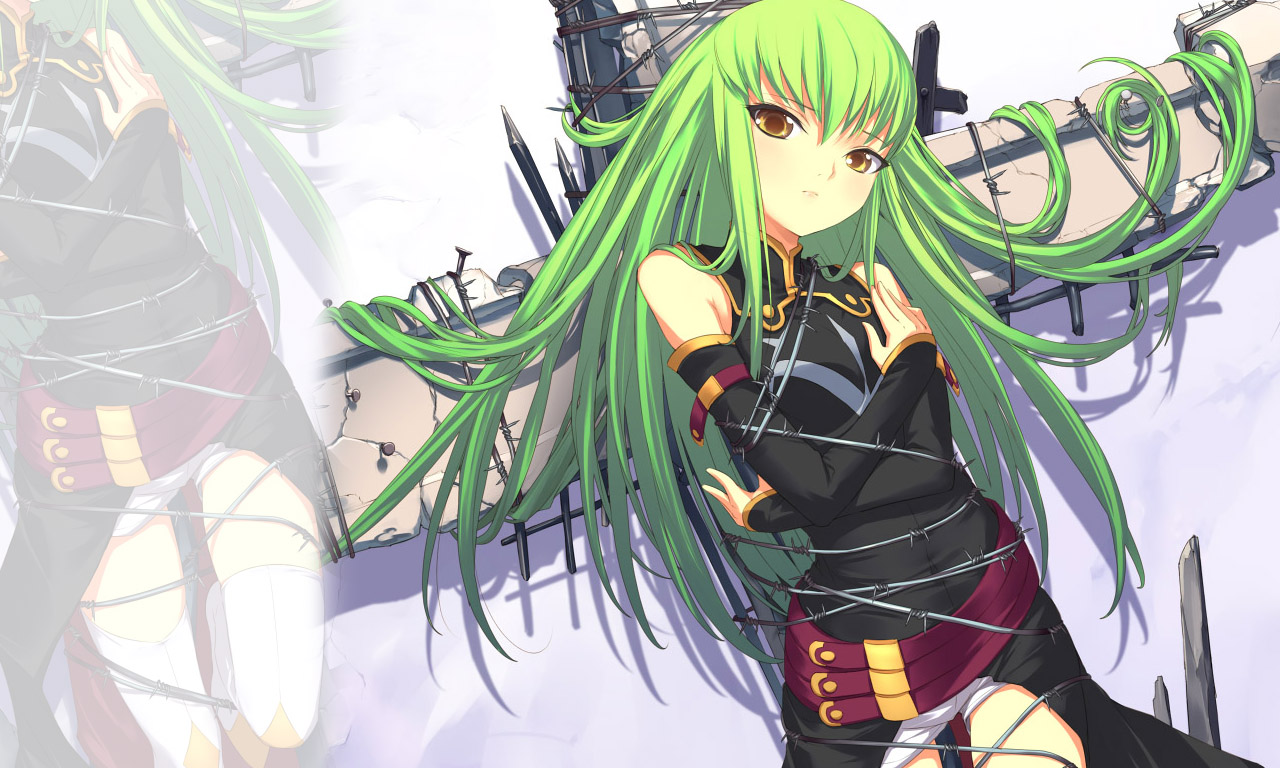 uni (plastic girl), c.c., code geass, 00s, barbed wire, fingernails, green hair, long hair, nail (hardware), solo, wire, yellow eyes