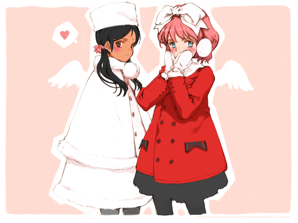 ooyari ashito, aria vancleef, kaya xavier, littlewitch, shoujo mahou gaku littlewitch romanesque, official art, official wallpaper, 2girls, angel wings, artist name, black hair, black pantyhose, blue eyes, blush, border, bow, brown eyes, buttons, child, coat, dark-skinned female, dark skin, earmuffs, embarrassed, flat chest, forehead jewel, fur hat, fur trim, hair bow, hands on own cheeks, hands on own face, hat, heart, large bow, long hair, looking at viewer, looking back, mittens, multiple girls, outline, pantyhose, parted bangs, peacoat, pink background, pink hair, profile, short hair, simple background, skirt, spoken heart, standing, thighhighs, twintails, watermark, wings, winter clothes, winter coat