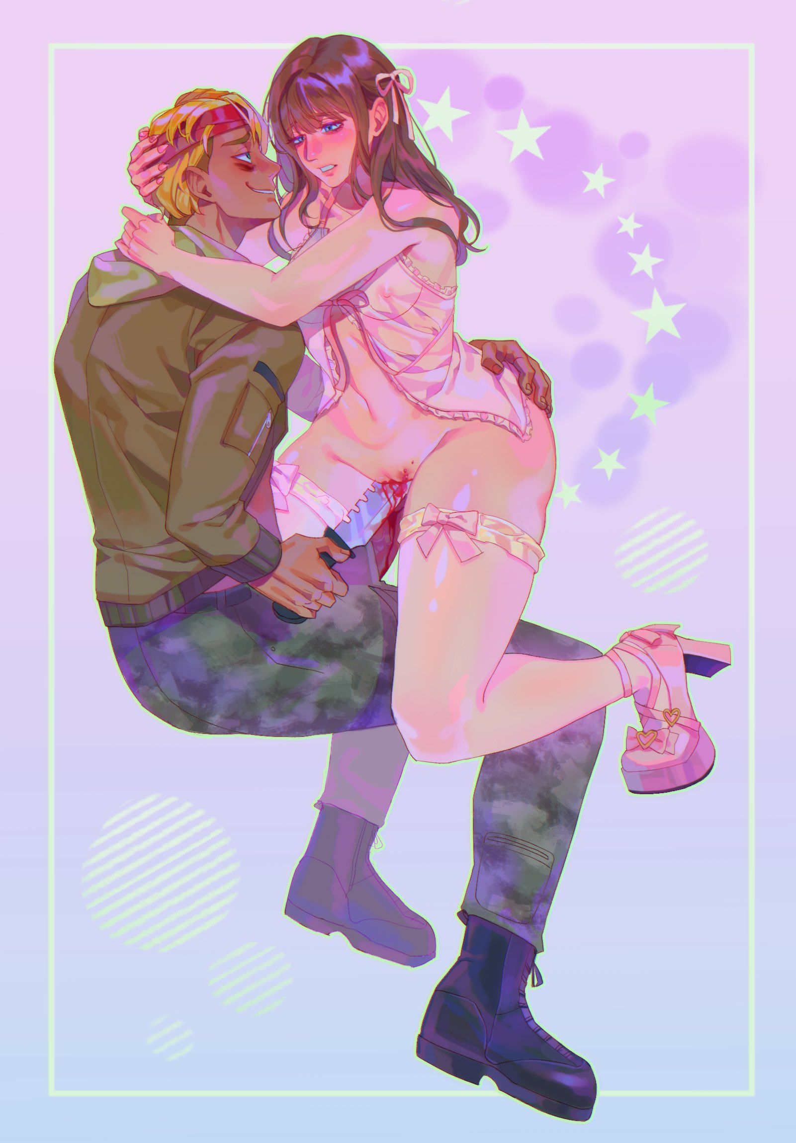 boyfriend to death, commentary, commission, english commentary, highres, 1boy, 1girl, :d, arched back, arm around shoulder, bags under eyes, bleeding, blonde hair, blood, blue eyes, blush, brown hair, camouflage, camouflage pants, clenched teeth, commissioner insert, derek goffard, facial mark, frilled thigh strap, grabbing another's head, green jacket, grin, hair ribbon, hand on another's ass, hand on another's head, headband, hetero, high heels, holding machete, hood, hood down, injury, invisible chair, jacket, long hair, looking at another, object insertion, open clothes, open mouth, open shirt, pants, ribbon, shirt, sitting, smile, soureeeee, squatting, stab, teeth, thigh strap, vaginal, vaginal object insertion, white shirt