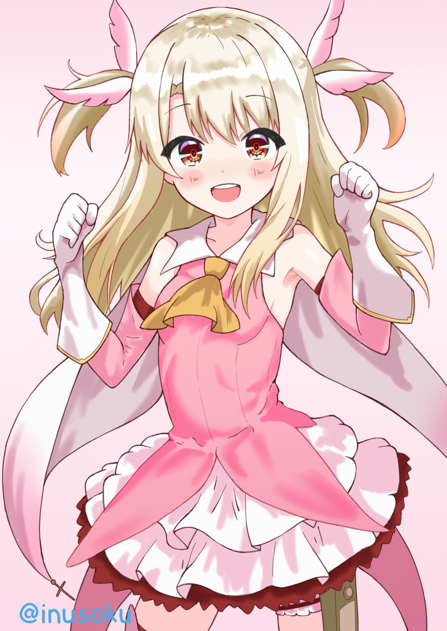 inusoku, illyasviel von einzbern, prisma illya, fate/kaleid liner prisma illya, fate (series), highres, 1girl, blonde hair, blush, dress, frilled dress, frills, gloves, long hair, looking at viewer, pink dress, smile, solo, teeth, two side up, upper teeth only, white gloves, yellow eyes