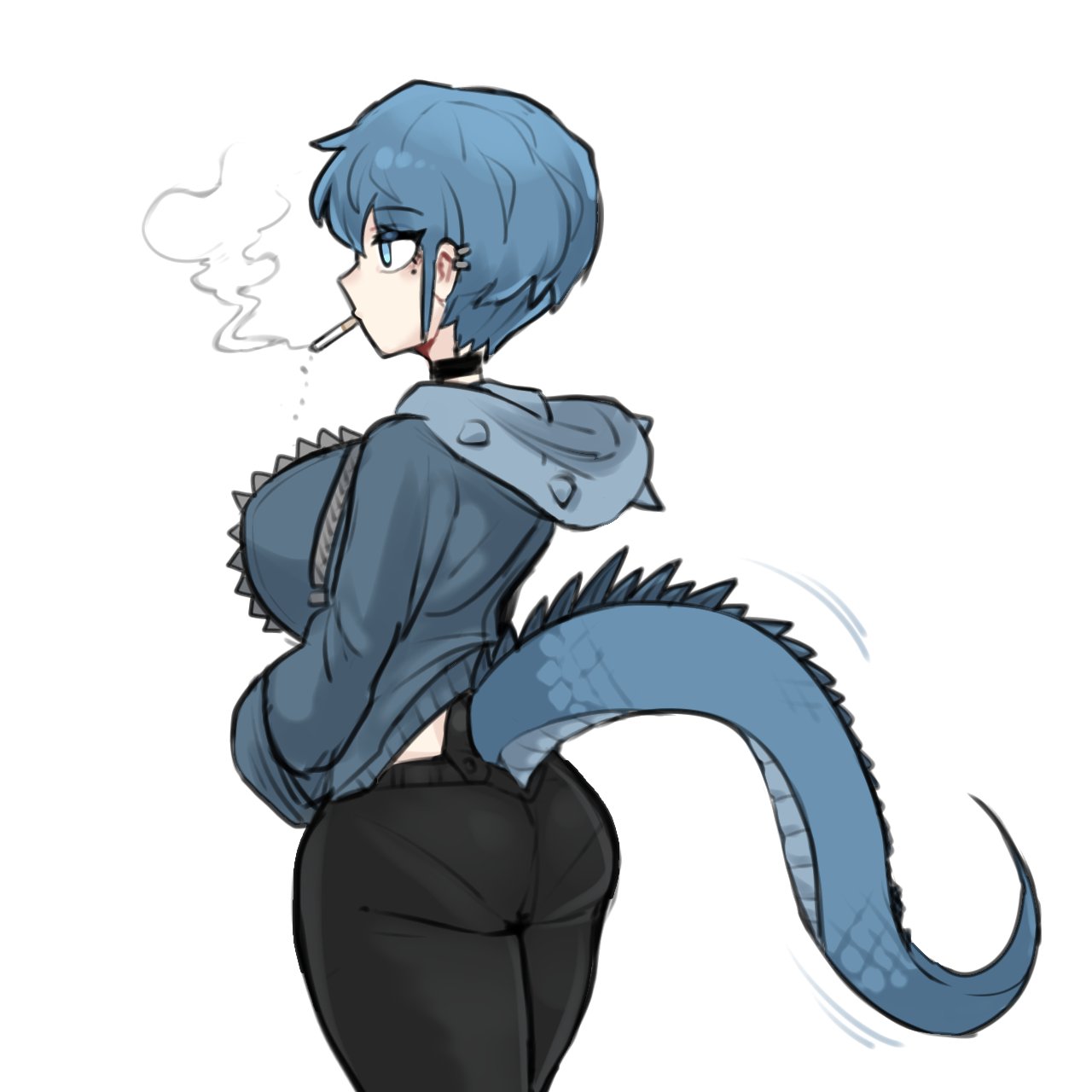 oligogi meoggosipda, original, commentary, english commentary, highres, 1girl, ass, black choker, black pants, blue eyes, blue hair, blue hoodie, breasts, choker, cigarette, earrings, expressionless, from side, hands in pockets, hood, hoodie, jewelry, kame-chan (oligogi meoggosipda), lizard tail, looking to the side, medium breasts, mole, mole under eye, monster girl, pants, ribbon choker, short hair, simple background, smoke, smoking, solo, spikes, tail, white background