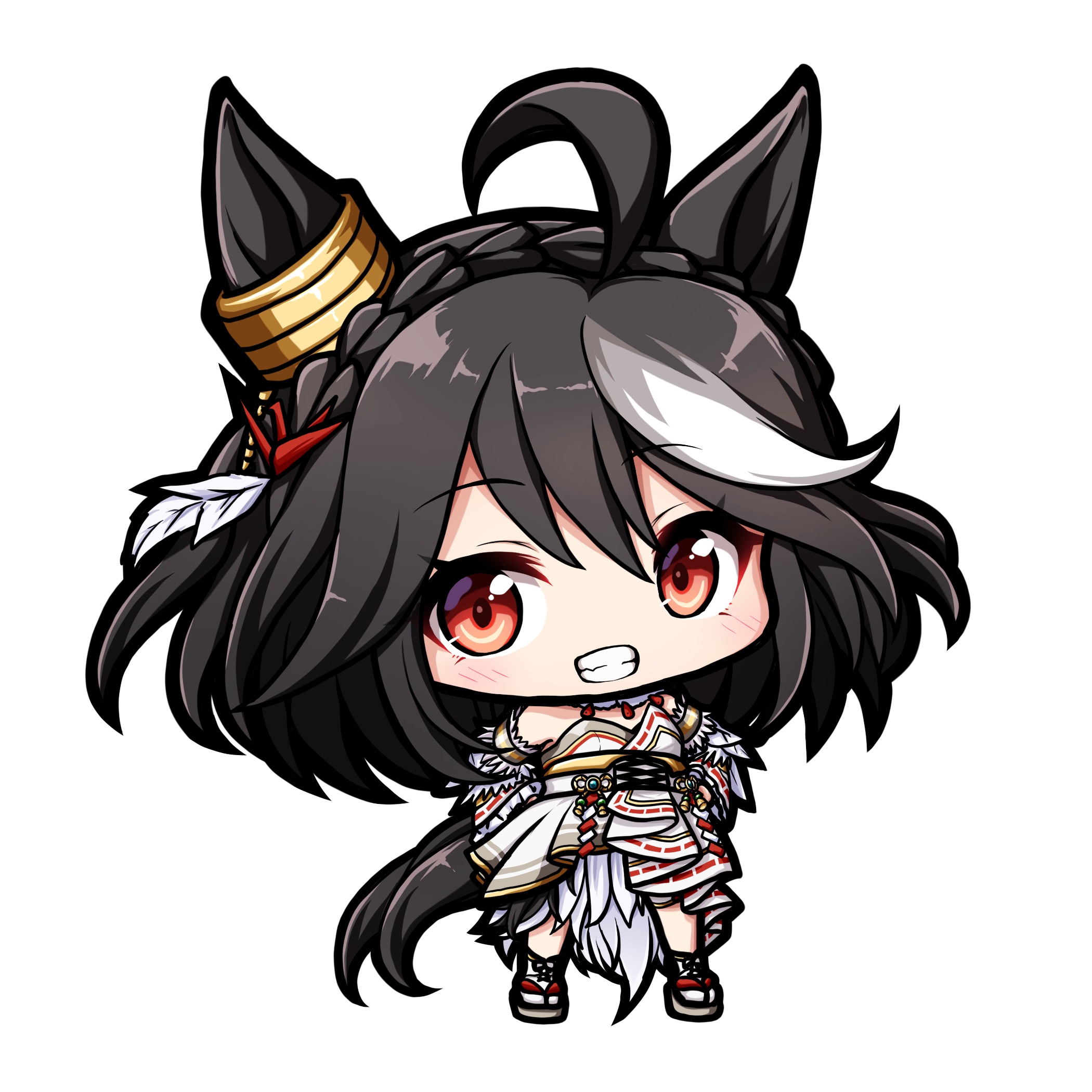 kuena, kitasan black (jubilant star auspicious crane) (umamusume), kitasan black (umamusume), umamusume, highres, 1girl, ahoge, animal ears, bare shoulders, black hair, blush, braid, breasts, chibi, crown braid, full body, grey sandals, grin, horse ears, horse girl, horse tail, looking at viewer, medium breasts, multicolored hair, red eyes, sandals, simple background, smile, socks, solo, standing, streaked hair, tabi, tail, white background, white hair, white socks, zouri