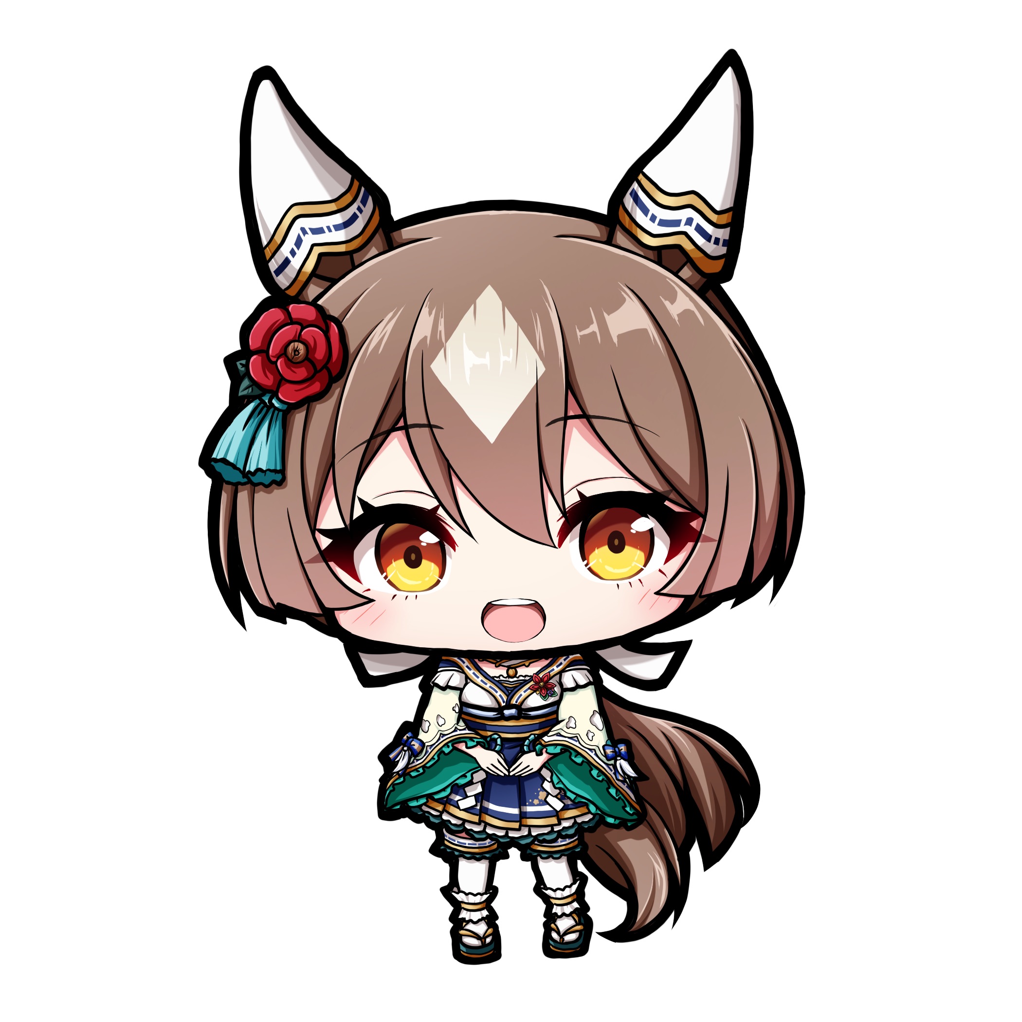 kuena, satono diamond (floral star prosperous green) (umamusume), satono diamond (umamusume), umamusume, highres, 1girl, :d, animal ears, blue hakama, blue sandals, brown eyes, brown hair, chibi, flower, full body, hair between eyes, hair flower, hair ornament, hakama, hakama short skirt, hakama skirt, horse ears, horse girl, horse tail, japanese clothes, kimono, long hair, long sleeves, looking at viewer, multicolored hair, open mouth, own hands together, red flower, sandals, shide, simple background, skirt, smile, socks, solo, standing, tabi, tail, teeth, two-tone hair, upper teeth only, very long hair, white background, white hair, white kimono, white socks, wide sleeves, zouri