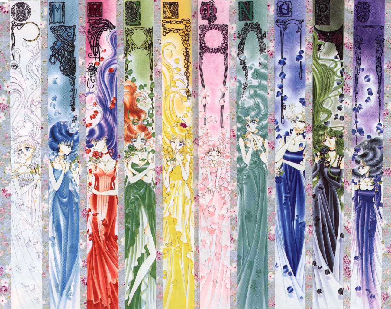 takeuchi naoko, aino minako, chibi usa, hino rei, kaiou michiru, kino makoto, meiou setsuna, mizuno ami, princess jupiter, princess mars, princess mercury, princess neptune, princess pluto, princess saturn, princess serenity, princess uranus, princess venus, small lady serenity, ten'ou haruka, tomoe hotaru, tsukino usagi, bishoujo senshi sailor moon, bishoujo senshi sailor moon s, commentary, official art, 1990s (style), 6+girls, bare shoulders, black dress, black flower, black hair, black rose, blonde hair, blue dress, blue eyes, blue flower, blue hair, blue rose, brown hair, choker, closed eyes, column lineup, cone hair bun, crescent, crescent facial mark, double bun, dress, everyone, facial mark, flower, forehead mark, formal clothes, green dress, green flower, green hair, green rose, hair bun, hair ornament, hair ribbon, jewelry, lineup, long hair, mars symbol, mercury symbol, multiple girls, necklace, off shoulder, one eye closed, petals, pink dress, pink eyes, pink flower, pink hair, pink rose, ponytail, princess, purple dress, purple eyes, purple flower, purple hair, purple rose, red dress, red flower, red rose, retro artstyle, ribbon, ribbon choker, rose, sailor senshi, short hair, short twintails, smile, twintails, venus symbol, very long hair, wavy hair, white dress, white flower, white hair, white rose, wink, yellow dress, yellow flower, yellow rose