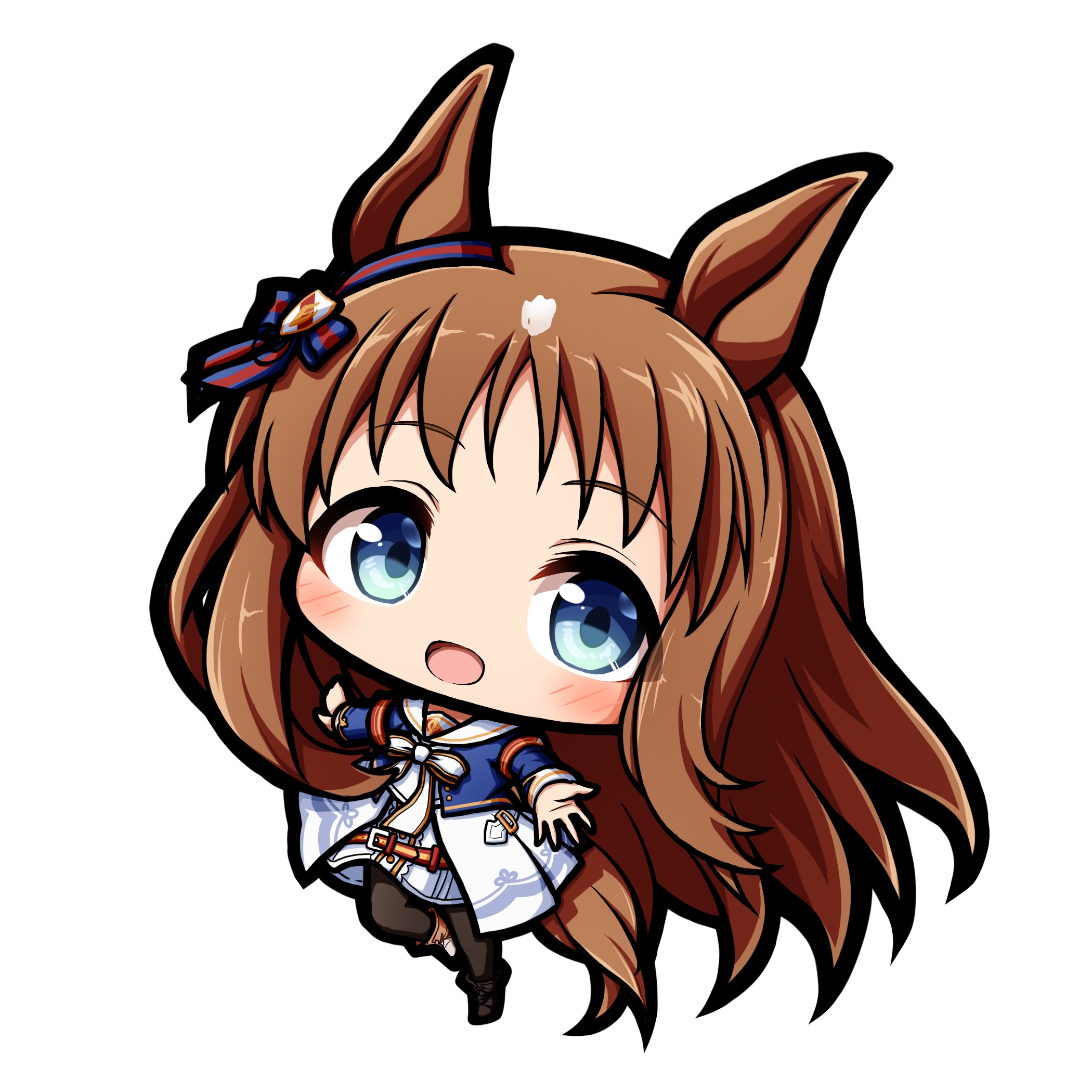 kuena, grass wonder (umamusume), umamusume, highres, 1girl, :d, animal ears, asymmetrical footwear, black boots, black pantyhose, blue eyes, blue jacket, blush, boots, brown hair, chibi, dress, full body, horse ears, horse girl, horse tail, jacket, long hair, long sleeves, looking at viewer, mismatched footwear, open mouth, pantyhose, sailor collar, simple background, smile, solo, standing, standing on one leg, tail, very long hair, white background, white boots, white dress, white sailor collar