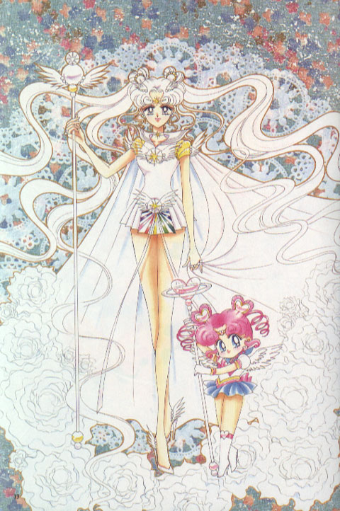 takeuchi naoko, chibi chibi, sailor chibi chibi, sailor cosmos, bishoujo senshi sailor moon, bishoujo senshi sailor moon sailor stars, bishoujo senshi sailor moon stars, official art, 1990s (style), 2girls, absurdly long hair, age difference, angel wings, bare legs, blue eyes, blue sailor collar, blue skirt, boots, bow, brooch, choker, curly hair, double bun, full body, gloves, hair bun, hair ornament, heart hair bun, jewelry, leotard, long hair, looking at viewer, magical girl, miniskirt, multiple girls, parted bangs, pink hair, retro artstyle, sailor collar, sailor senshi, size difference, skirt, staff, standing, tiara, twintails, very long hair, wavy hair, white choker, white gloves, white hair, wing brooch, wings