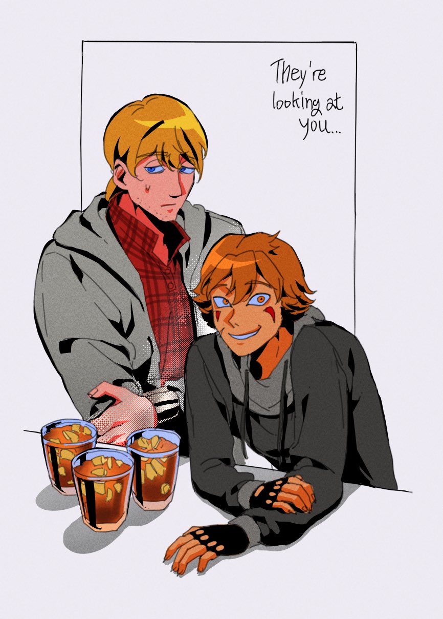 boyfriend to death, commentary, english commentary, highres, 2boys, averting eyes, black gloves, black hoodie, blonde hair, blue eyes, brown hair, crossed arms, cup, double-parted bangs, elbow rest, english text, facial hair, facial mark, film grain, fingerless gloves, gloves, goatee stubble, grey jacket, grin, hair between eyes, hand on own arm, hood, hood down, hoodie, jacket, lawrence oleander, leaning forward, looking at viewer, male focus, multiple boys, orange eyes, plaid clothes, plaid shirt, ren hana (boyfriend to death), shirt, smile, soureeeee, stubble, sweat, upper body