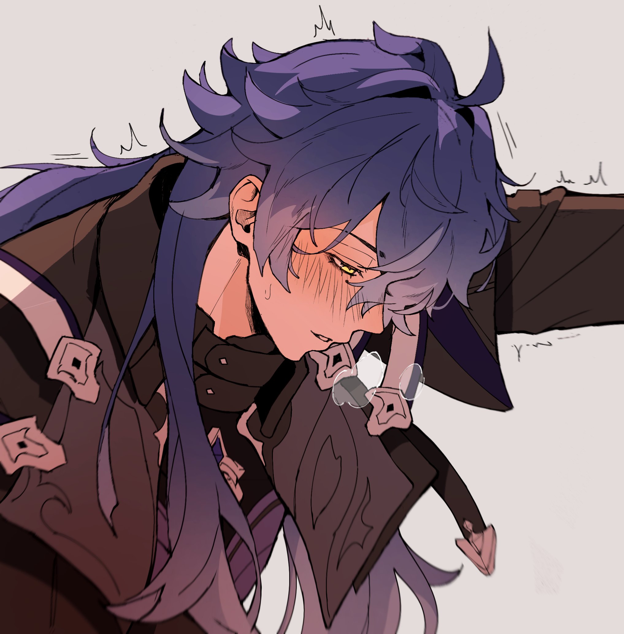 flins (genshin impact), genshin impact, commentary, english commentary, highres, 1boy, ^^^, ahoge, black jacket, black shirt, blue hair, blush, collared jacket, jacket, long hair, long sleeves, looking down, male focus, mi yen, open clothes, open jacket, parted bangs, parted lips, shirt, simple background, solo, sweat, trembling, upper body, very long hair, white background, wing collar, yellow eyes