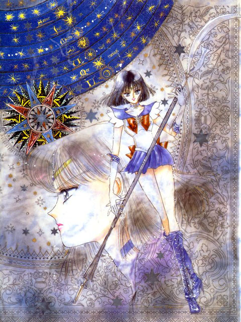 takeuchi naoko, sailor saturn, tomoe hotaru, bishoujo senshi sailor moon, purple footwear, official art, 1990s (style), 1girl, black hair, bob cut, boots, bow, brooch, brown bow, choker, crossed legs, earrings, elbow gloves, glaive (polearm), gloves, holding, holding polearm, holding spear, holding weapon, jewelry, knee boots, lace-up boots, leotard, magical girl, miniskirt, multiple views, polearm, profile, purple eyes, purple skirt, retro artstyle, sailor collar, short hair, silence glaive, skirt, spear, staff, standing, star brooch, tiara, watson cross, weapon, white gloves