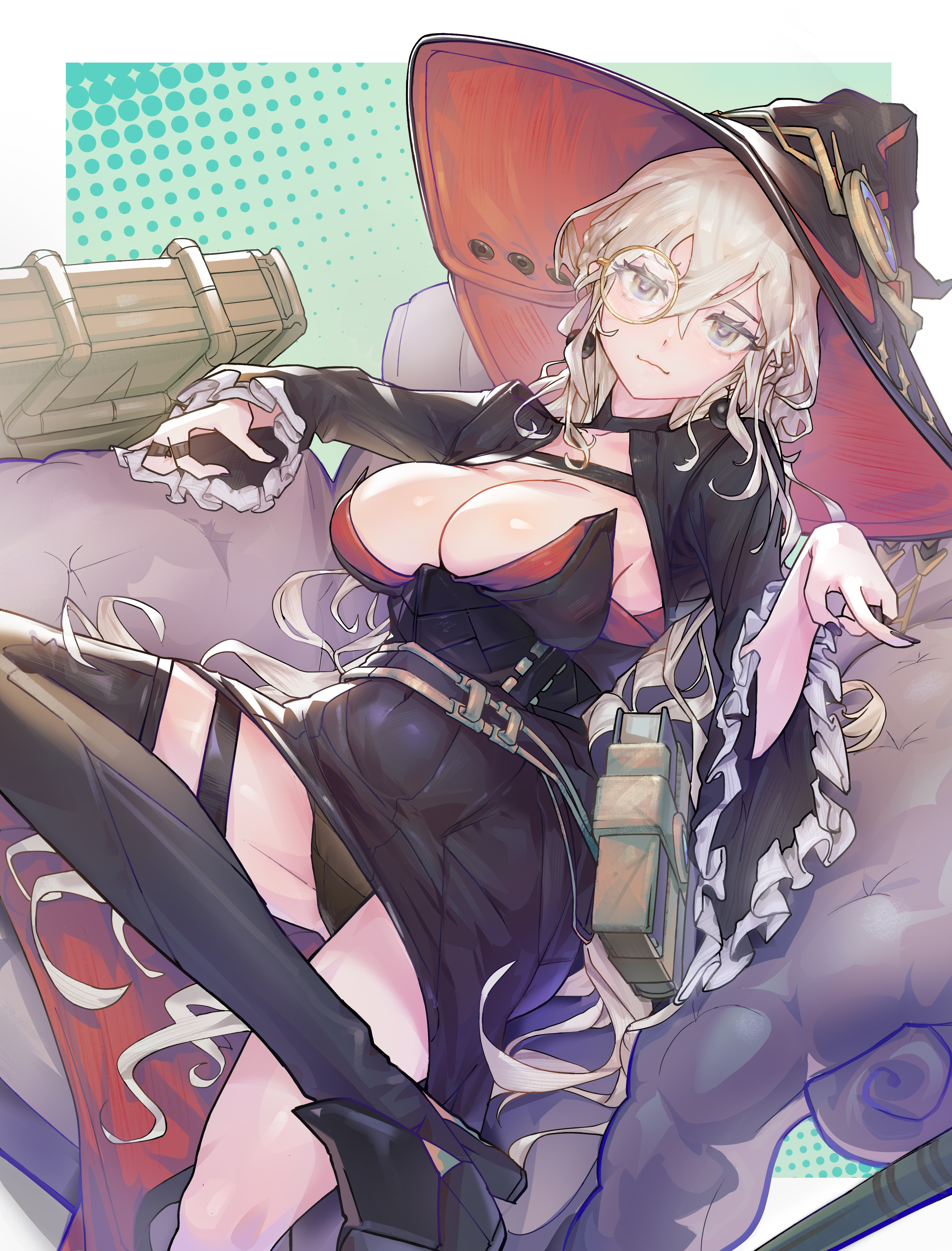 colossuss777, diabellstar the black witch, yu-gi-oh!, absurdres, highres, 1girl, black dress, breasts, cleavage, dress, duel monster, grey eyes, grey hair, hat, large breasts, long hair, looking at viewer, monocle, sitting, solo, underwear, witch, witch hat