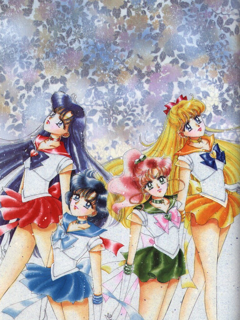 takeuchi naoko, aino minako, hino rei, kino makoto, mizuno ami, sailor jupiter, sailor mars, sailor mercury, sailor venus, super sailor jupiter, super sailor mars, super sailor mercury, super sailor venus, bishoujo senshi sailor moon, official art, 1990s (style), 4girls, black hair, blonde hair, blue eyes, blue hair, blue sailor collar, blue skirt, bow, brooch, brown hair, choker, earrings, elbow gloves, expressionless, gloves, green eyes, green skirt, hair bobbles, hair bow, hair ornament, half updo, heart, heart brooch, inner senshi, jewelry, leotard, lips, long hair, looking up, magical girl, miniskirt, multiple girls, orange skirt, pink bow, ponytail, purple eyes, red bow, red skirt, retro artstyle, ribbon, sailor collar, sailor senshi, short hair, skirt, tiara, white gloves