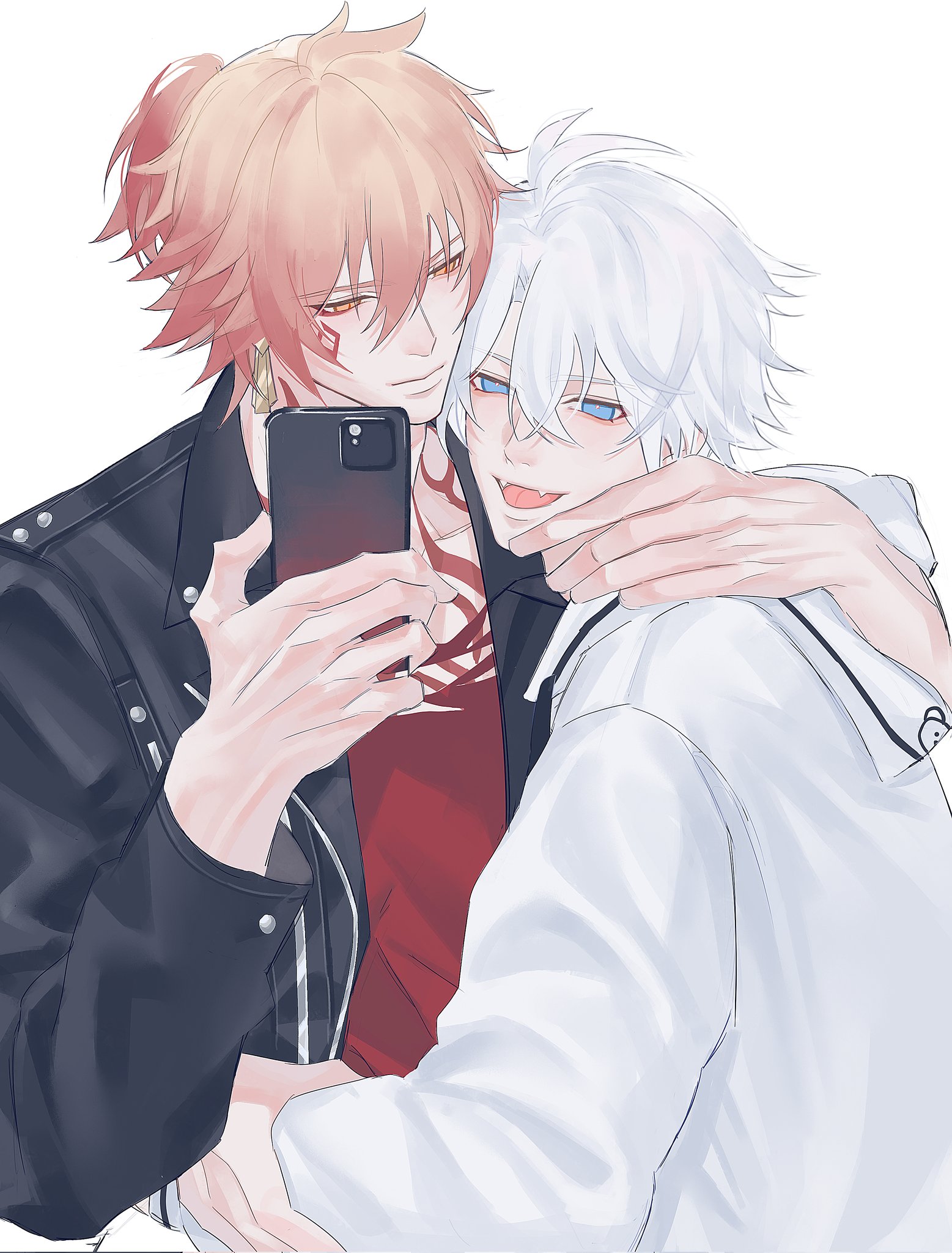mydei (honkai: star rail), phainon (honkai: star rail), honkai: star rail, honkai (series), commentary, english commentary, highres, 2boys, alternate costume, antenna hair, atalkingdonut, black jacket, blonde hair, blue eyes, braid, cellphone, chest tattoo, facial tattoo, gradient hair, hair between eyes, holding, holding phone, hug, jacket, male focus, medium hair, multicolored hair, multiple boys, open clothes, open jacket, phone, red hair, red shirt, red tattoo, shirt, short hair, side braid, simple background, smartphone, sweater, tattoo, white background, white hair, white sweater, yaoi, yellow eyes