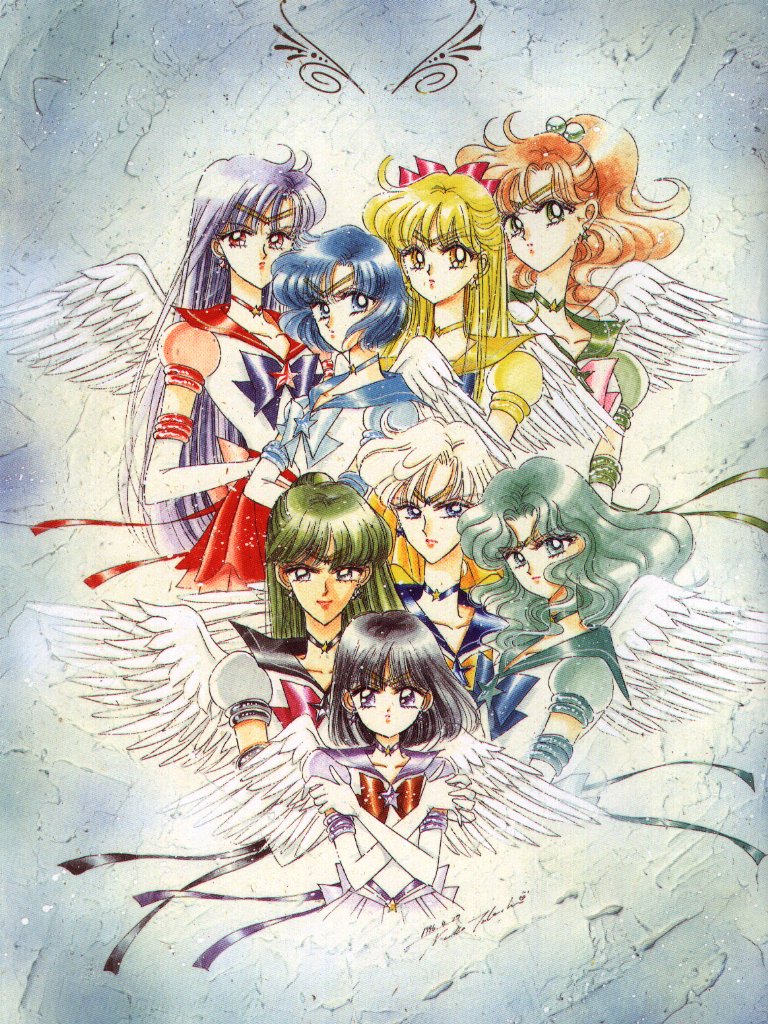 takeuchi naoko, aino minako, hino rei, kaiou michiru, kino makoto, meiou setsuna, mizuno ami, sailor jupiter, sailor mars, sailor mercury, sailor neptune, sailor pluto, sailor saturn, sailor uranus, sailor venus, super sailor jupiter (stars), super sailor mars (stars), super sailor mercury (stars), super sailor neptune (stars), super sailor pluto (stars), super sailor saturn (stars), super sailor uranus (stars), super sailor venus (stars), ten'ou haruka, tomoe hotaru, bishoujo senshi sailor moon, bishoujo senshi sailor moon stars, black neckwear, 1990s (style), 6+girls, black hair, blonde hair, blue bow, blue eyes, blue hair, blue sailor collar, bow, brooch, brown bow, brown hair, choker, crossed arms, elbow gloves, expressionless, gloves, green eyes, green hair, hair bobbles, hair ornament, half updo, jewelry, long hair, magical girl, multiple girls, orange eyes, pink bow, ponytail, puffy sleeves, purple bow, purple eyes, red bow, red eyes, red skirt, retro artstyle, sailor collar, sailor senshi, short hair, skirt, star brooch, tiara, white gloves, wings