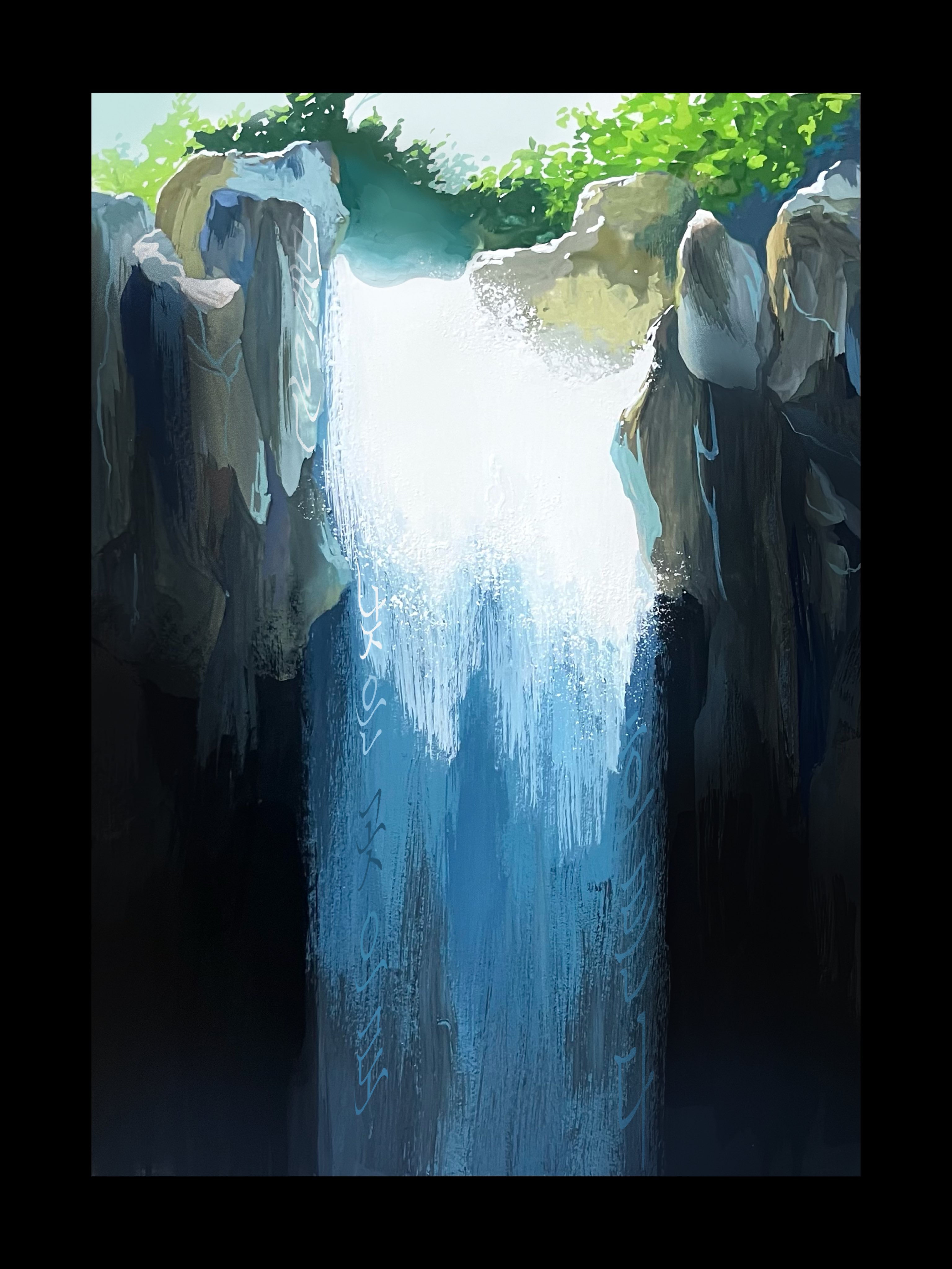 original, absurdres, commentary, commentary request, highres, black border, border, cliff, makoto bga, nature, no humans, outdoors, painterly, rock, scenery, sky, tree, water, waterfall