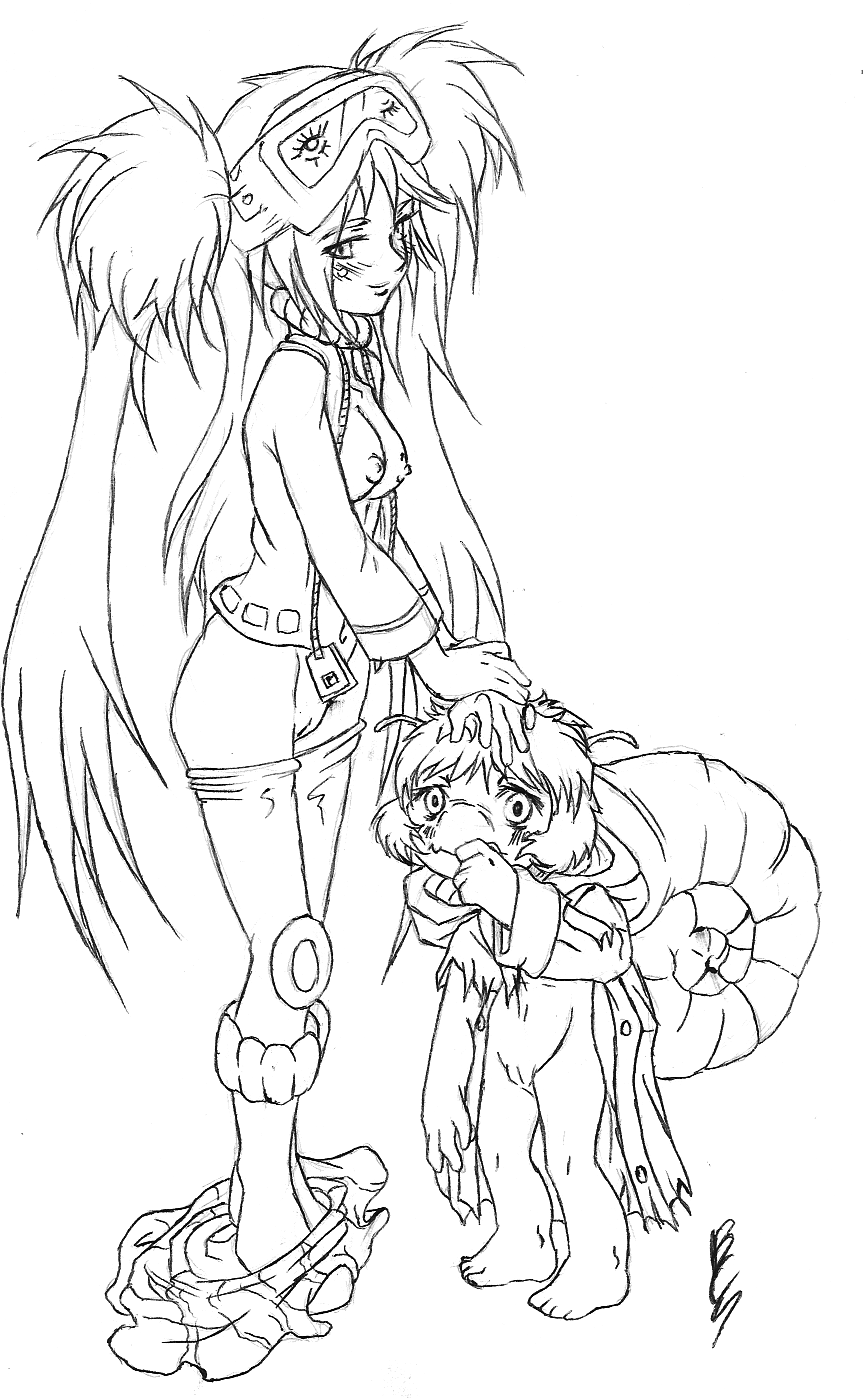 buttercupsaiyan, yurine (karas), karas, highres, breasts, goggles, loli, monochrome, nude, pussy, twintails