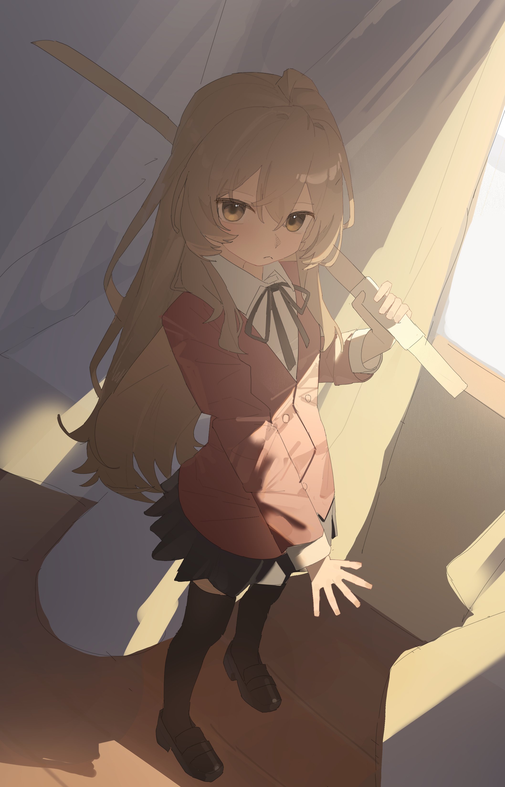 ar2a, aisaka taiga, toradora!, absurdres, highres, 1girl, black shoes, black skirt, black thighhighs, blazer, brown eyes, brown hair, collared shirt, curtains, frown, holding, holding sword, holding weapon, jacket, long hair, looking at viewer, mary janes, pleated skirt, red jacket, shirt, shoes, skirt, solo, standing, sunlight, sword, thighhighs, weapon, window, wooden floor, wooden sword