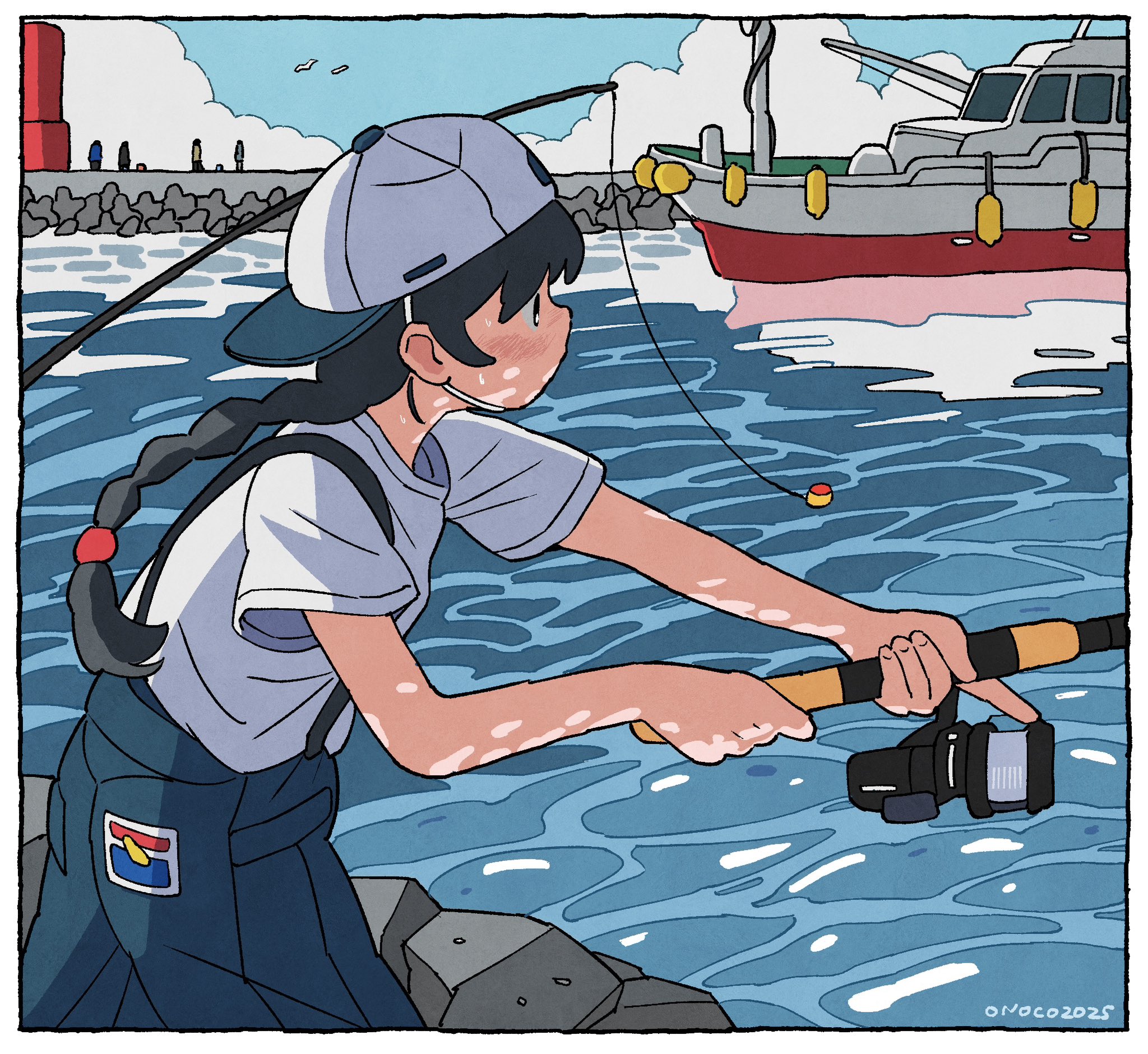 onoconokoko0625, original, highres, 1girl, artist name, backwards hat, baseball cap, bird, black hair, blue pants, boat, border, braid, braided ponytail, caustics, cloud, cumulonimbus cloud, day, fishing, fishing rod, hat, outdoors, pants, people, profile, rock, shirt, short sleeves, solo focus, suspenders, t-shirt, water, watercraft, white border, white shirt