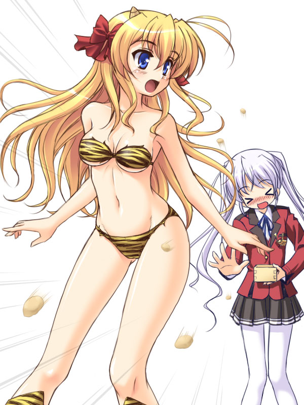 masakichi (crossroad), lum, sendou erika, tougi shiro, fortune arterial, urusei yatsura, > <, 2girls, animal print, bandeau bikini, bare arms, bare legs, bare shoulders, bikini, blonde hair, blue eyes, blush, breasts, closed eyes, cone horns, cosplay, horns, laughing, lum (cosplay), mamemaki, medium breasts, midriff, multiple girls, navel, oni, pantyhose, school uniform, serafuku, setsubun, shirt, strapless, strapless bikini, striped horns, swimsuit, tiger print, twintails, white pantyhose, white shirt