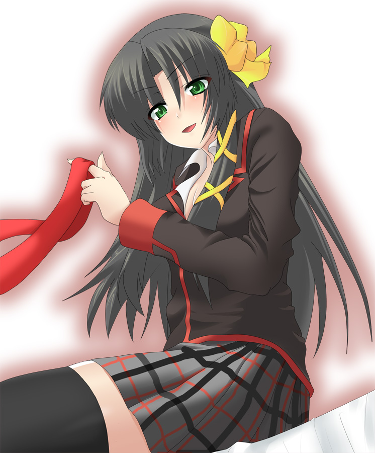 masayu, kurugaya yuiko, little busters!, green eyes, long hair, red eyes, ribbon, school uniform, serafuku, solo, thighhighs, undressing