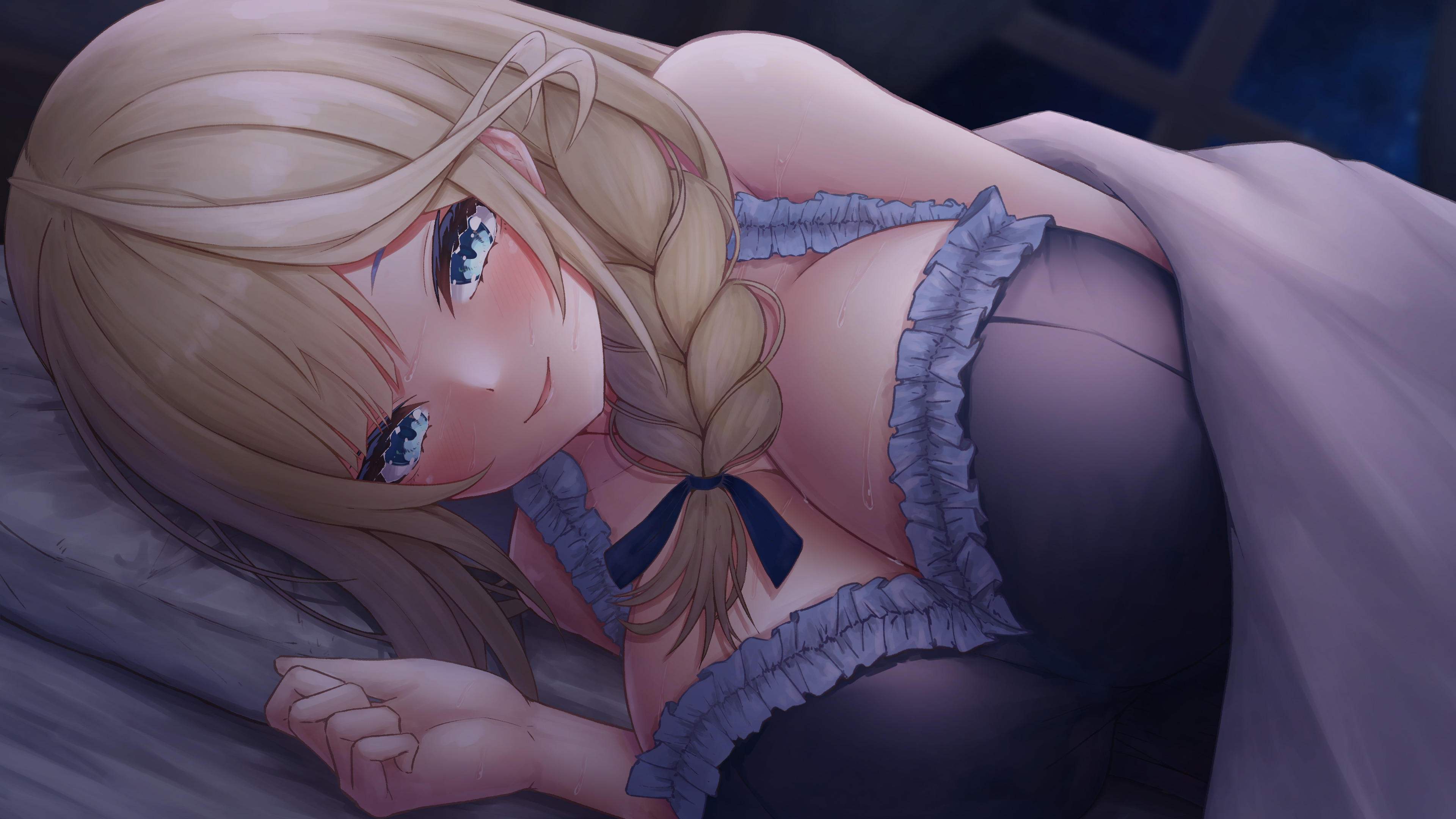 tanu (ace ikachan), manase yua, project blue (vtuber), absurdres, commentary request, highres, 1girl, bare shoulders, bed sheet, black bra, blonde hair, blue eyes, blush, bra, braid, breasts, cleavage, closed mouth, dutch angle, frilled bra, frills, hair tie, hand up, indoors, large breasts, long hair, looking at viewer, lying, night, on bed, on side, parted bangs, pov across bed, smile, solo, swept bangs, under covers, underwear, virtual youtuber