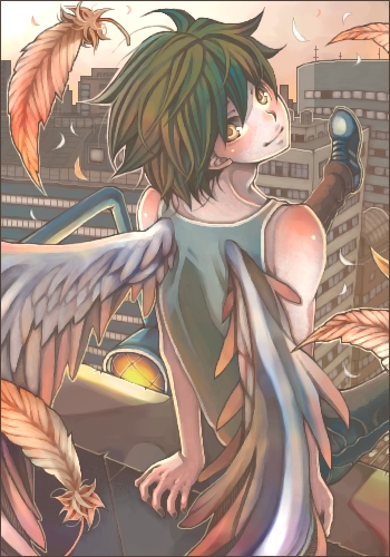 shabon, original, lowres, angel wings, city, falling feathers, feathers, male focus, solo, wings