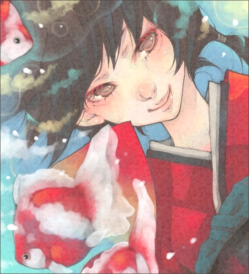 shabon, original, 1girl, black hair, close-up, female focus, fish, japanese clothes, lips, looking at viewer, nose, smile, solo, underwater, upper body