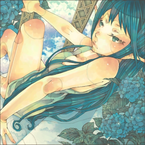 shabon, original, lowres, 1girl, bare arms, blue eyes, blue hair, body blush, expressionless, female focus, flower, from above, hydrangea, matching hair/eyes, pointy ears, solo