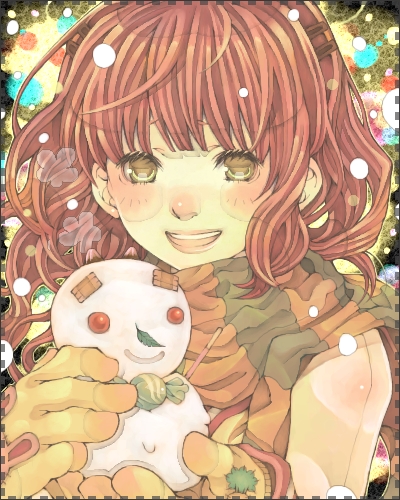 shabon, original, lowres, 1girl, blush, candy, female focus, food, gloves, looking at viewer, red hair, scarf, smile, snow, snowman, solo, teeth, upper body, yellow eyes