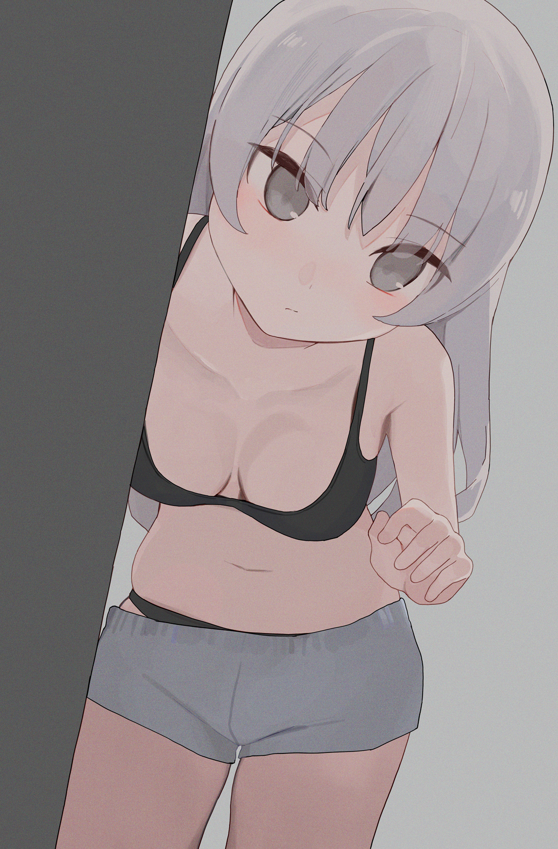 hiroki (yyqw7151), original, commentary request, highres, partial commentary, 1girl, black bra, black panties, black shorts, bra, breasts, cleavage, closed mouth, grey background, grey eyes, grey hair, long hair, looking at viewer, medium breasts, panties, panties under shorts, shorts, simple background, solo, thighs, underwear