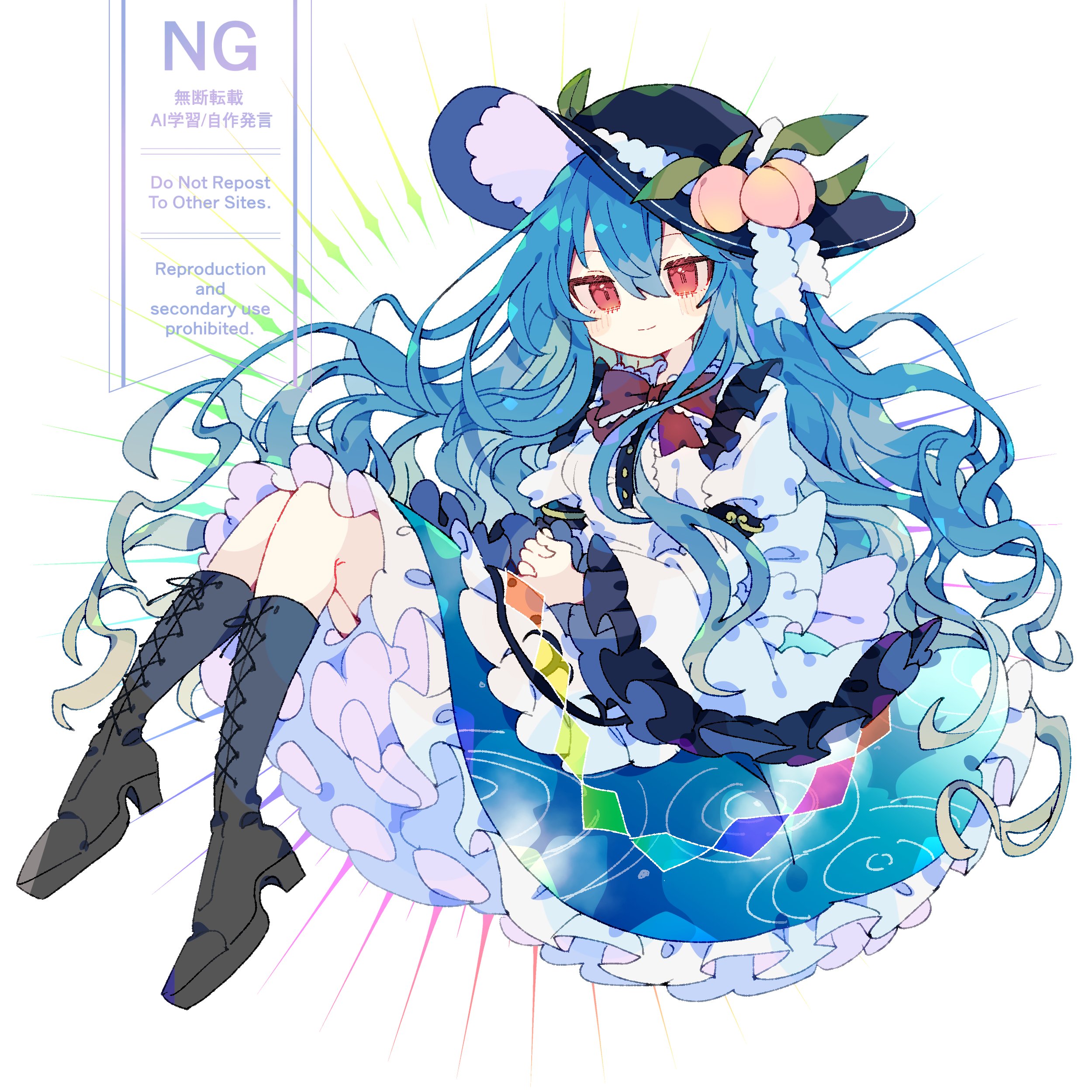 nikorashi-ka, hinanawi tenshi, touhou, absurdres, commentary, highres, 1girl, apron, black hat, blue hair, blue skirt, blush, boots, bow, bowtie, brown boots, closed mouth, double-parted bangs, frilled apron, frilled skirt, frilled sleeves, frills, full body, hair between eyes, hat, lace-up boots, long hair, long sleeves, looking at viewer, own hands together, peach hat ornament, red bow, red bowtie, red eyes, shirt, simple background, skirt, smile, solo, white apron, white background, white shirt, wide sleeves