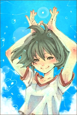 shabon, original, eyebrows, lowres, 1girl, arms up, closed mouth, collarbone, female focus, shirt, short hair, shorts, smile, solo, water, white shirt