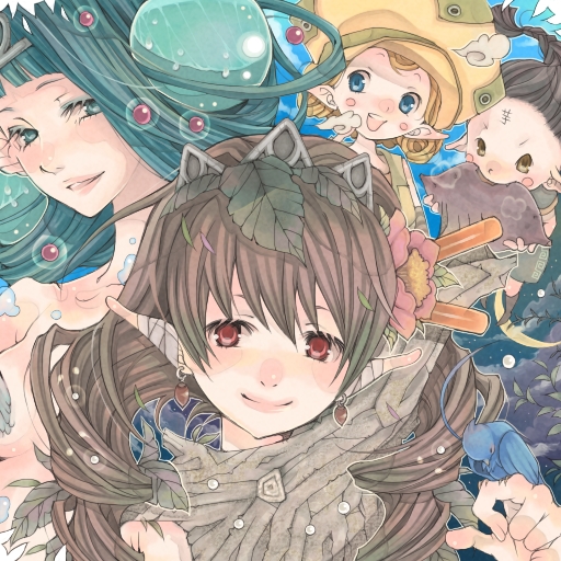 shabon, original, 1boy, 3girls, acorn, aqua eyes, bandages, bird, bird on hand, black hair, blonde hair, blue eyes, blush stickers, brown eyes, brown hair, camellia, earrings, eating, flower, gem, green hair, hat, jewelry, leaf, leaf on head, long hair, moon, multiple girls, pearl (gemstone), pointy ears, red eyes, smile