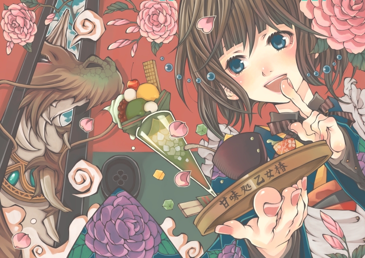 shabon, original, 1girl, :d, blue eyes, cherry, dragon, finger to mouth, fingernails, flower, food, fruit, japanese clothes, kimono, open mouth, parfait, petals, pink rose, purple rose, rose, rose petals, smile, tray, waffle