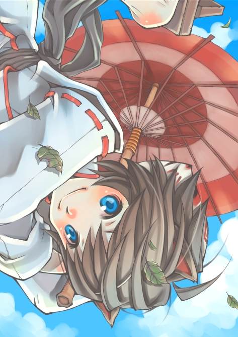 shabon, original, 1girl, blue eyes, female focus, japanese clothes, leaf, oil-paper umbrella, solo, umbrella, umbrella riding