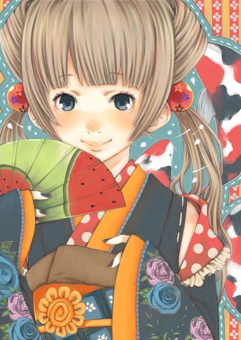 shabon, original, light brown hair, 1girl, black nails, female focus, fingernails, floral print, folding fan, food, food print, fruit, fruit print, grey eyes, hair ornament, hand fan, japanese clothes, kimono, long sleeves, looking at viewer, nail polish, obi, sash, sleeves past wrists, smile, solo, twintails, upper body, watermelon, watermelon print