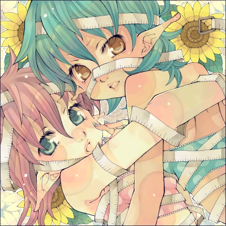 shabon, original, lowres, 2girls, flower, multiple girls, pointy ears, sunflower