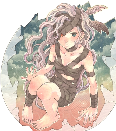 shabon, original, lowres, bandages, barefoot, egg, heterochromia, long hair, solo, wings