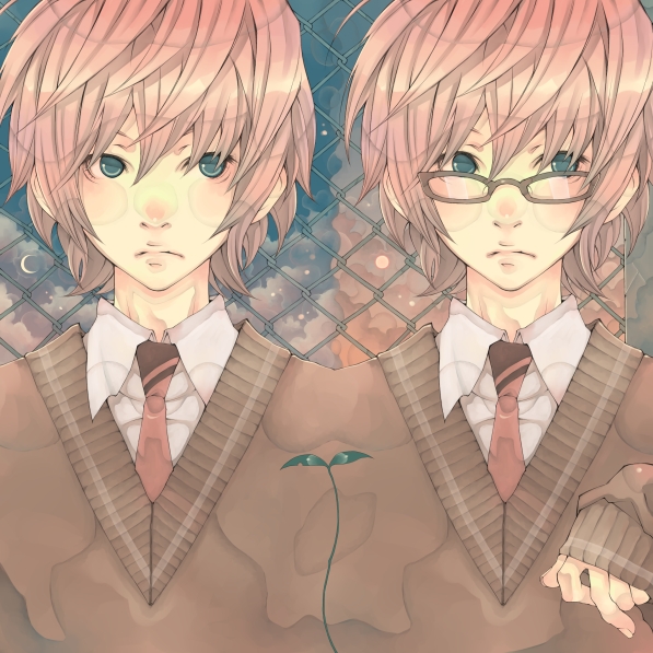shabon, original, 1boy, glasses, male focus, moon, multiple views, outdoors, school uniform, serafuku, siblings, sky, sun, twins, upper body