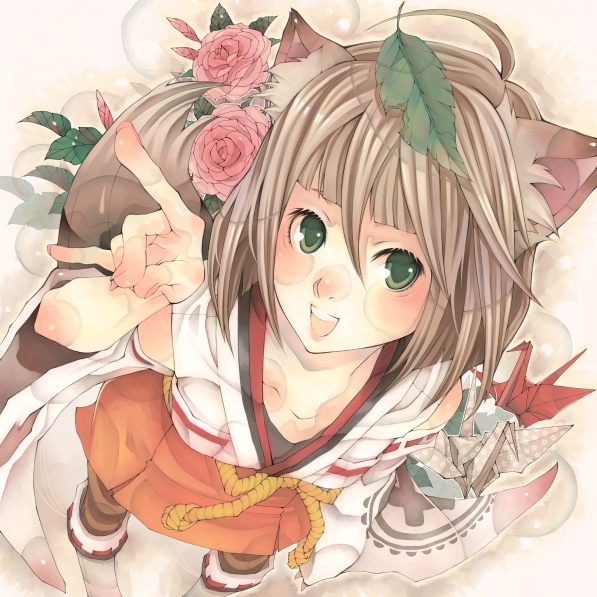 shabon, original, 1girl, :d, animal ears, brown hair, detached sleeves, female focus, flower, from above, green eyes, japanese clothes, leaf, leaf on head, open mouth, origami, paper crane, papercraft, red flower, red rose, rose, round teeth, smile, solo, standing, tail, teeth