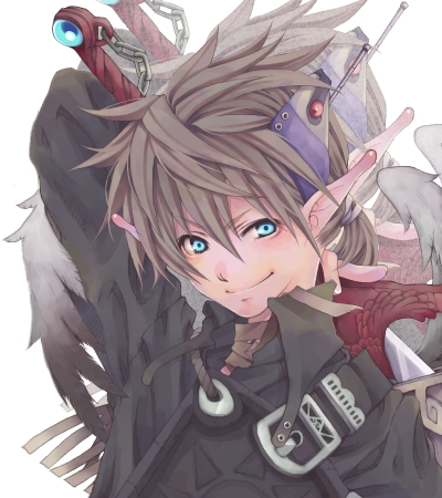 shabon, original, lowres, 1boy, blue eyes, buckle, grey hair, long hair, male focus, pointy ears, solo, sword, upper body, weapon, white background, wings
