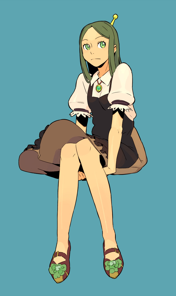 ryo chimo, original, eyebrows, 1girl, antennae, closed mouth, dress, expressionless, female focus, full body, green eyes, green hair, jewelry, long hair, matching hair/eyes, pendant, puffy short sleeves, puffy sleeves, shoes, short sleeves, simple background, sitting, solo